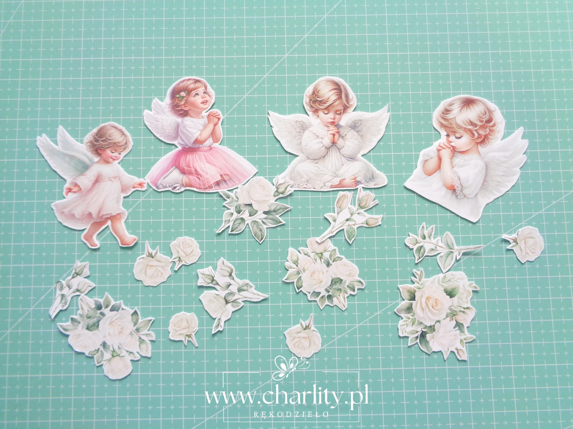 Wycięte liście, kwiatki i aniołki z papierów LemonCraft - scrapbooking komunijny